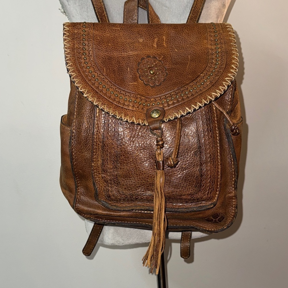 Patricia Nash Jovanna Tan Leather Rustic western Backpack with Tassel
